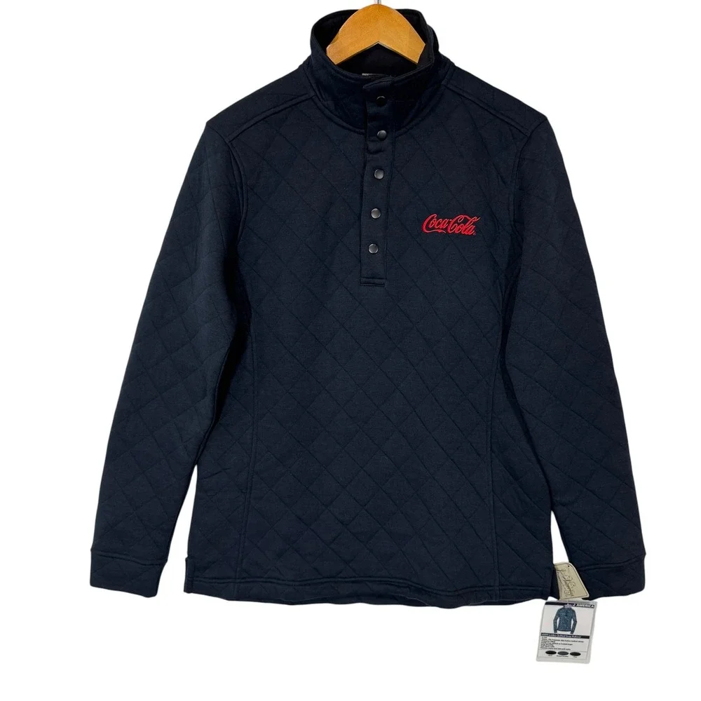 J America Pullover Mens M Black Coca-Cola Quilted Snap Mock Neck Sweater NEW